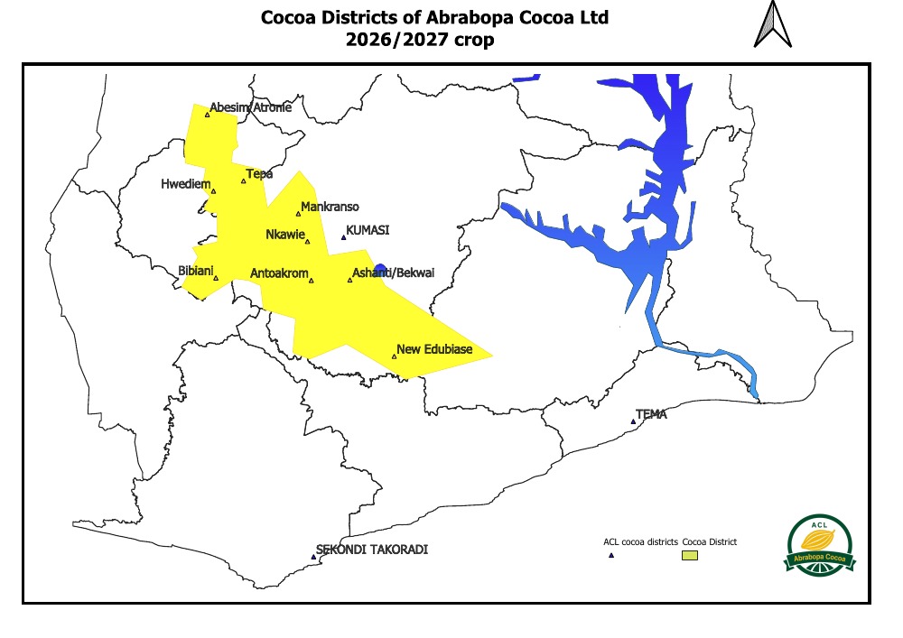 2026/27 map showing nine Abrabopa Cocoa districts highlighted in yellow. District links follow below.